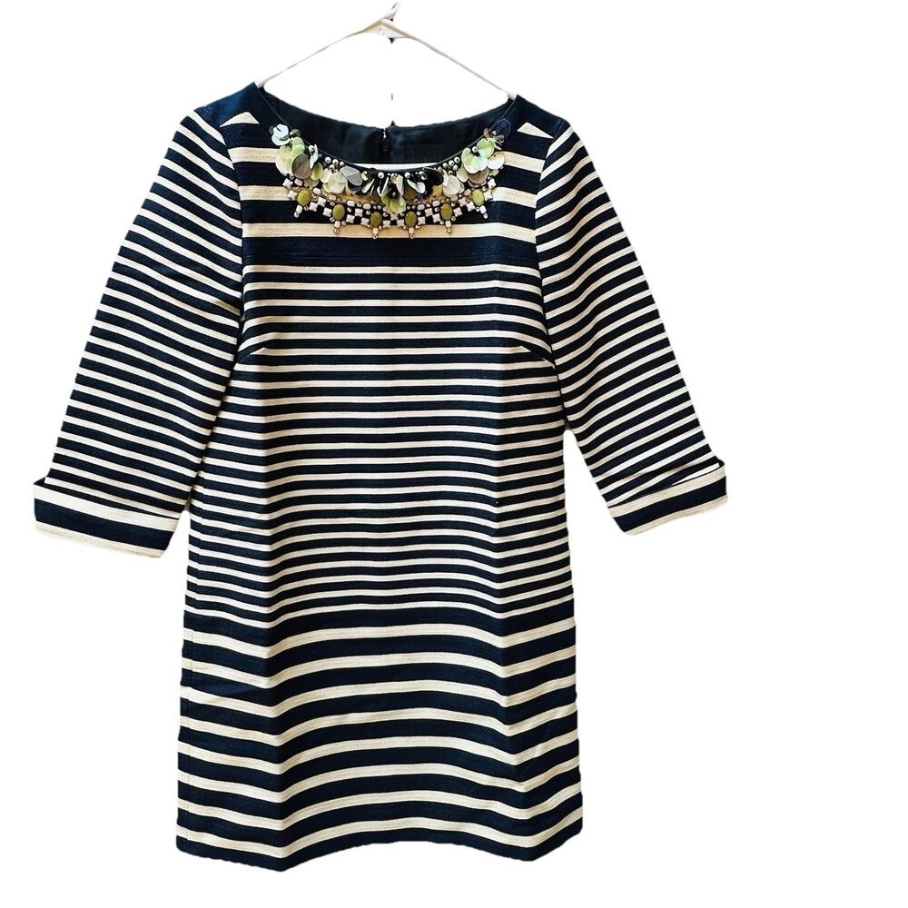 J. Crew Collection Navy Blue White Stripe Bead Embellished Neckline Dress Sz 8